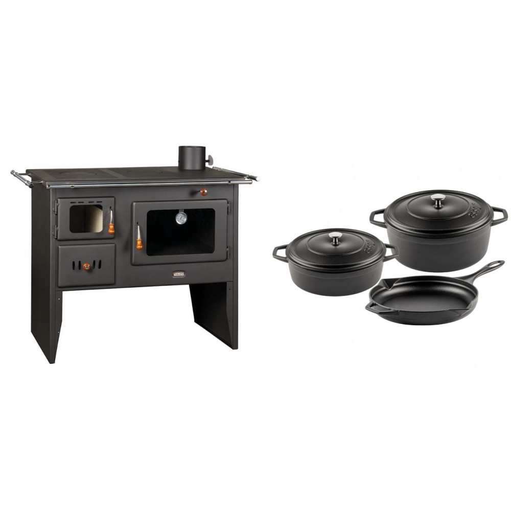 Set Küchenofen / Küchenhexe Prity mit Backofen und Kochplatte, Modell Prity 2P41, Leistung 15.2kW + Gusseisen Topf Set aus 3 teilen Solagio, Black Onyx | Kaminofen - Holzofen mit Backfach | Kaminofen |
