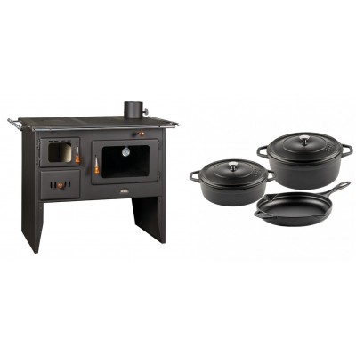 Set Küchenofen / Küchenhexe Prity mit Backofen und Kochplatte, Modell Prity 2P41, Leistung 15.2kW + Gusseisen Topf Set aus 3 teilen Solagio, Black Onyx - Kaminofen - Holzofen mit Backfach