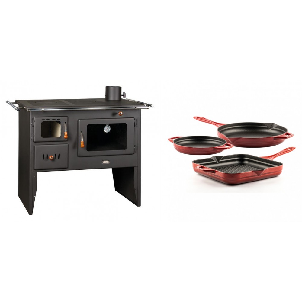 Set Küchenofen / Küchenhexe Prity mit Backofen und Kochplatte, Modell Prity 2P41, Leistung 15.2kW + Gusseisen Topf Set aus 3 teilen Solagio, Rubin | Kaminofen - Holzofen mit Backfach | Kaminofen |