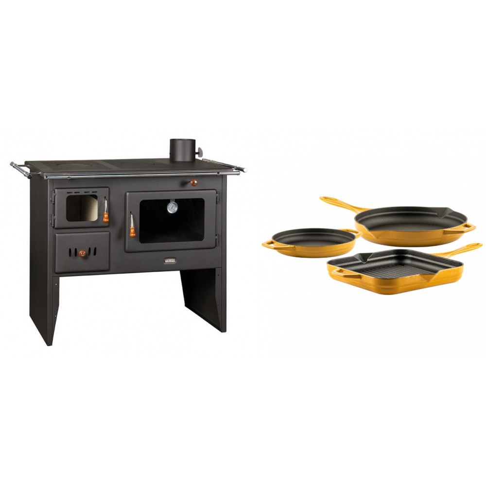 Set Küchenofen / Küchenhexe Prity mit Backofen und Kochplatte, Modell Prity 2P41, Leistung 15.2kW + Gusseisen Topf Set aus 3 teilen Solagio, Dijon | Kaminofen - Holzofen mit Backfach | Kaminofen |