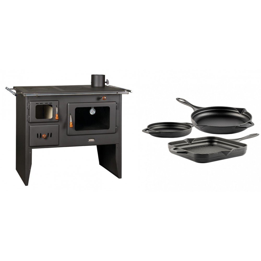 Set Küchenofen / Küchenhexe Prity mit Backofen und Kochplatte, Modell Prity 2P41, Leistung 15.2kW + Gusseisen Topf Set aus 3 teilen Solagio, Black Onyx | Kaminofen - Holzofen mit Backfach | Kaminofen |