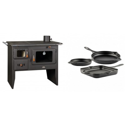 Set Küchenofen / Küchenhexe Prity mit Backofen und Kochplatte, Modell Prity 2P41, Leistung 15.2kW + Gusseisen Topf Set aus 3 teilen Solagio, Black Onyx - Kaminofen - Holzofen mit Backfach