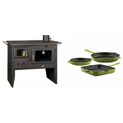 Set Küchenofen / Küchenhexe Prity mit Backofen und Kochplatte, Modell Prity 2P41, Leistung 15.2kW + Gusseisen Topf Set aus 3 teilen Solagio, Bamboo - Kaminofen - Holzofen mit Backfach