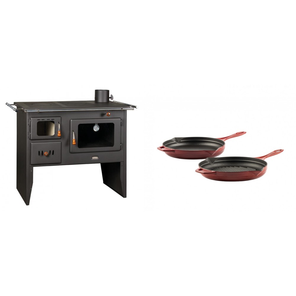 Set Küchenofen / Küchenhexe Prity mit Backofen und Kochplatte, Modell Prity 2P41, Leistung 15.2kW + Gusseisen Topf Set aus 2 teilen Solagio, Rubin | Kaminofen - Holzofen mit Backfach | Kaminofen |