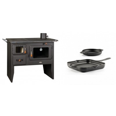Set Küchenofen / Küchenhexe Prity mit Backofen und Kochplatte, Modell Prity 2P41, Leistung 15.2kW + Gusseisen Topf Set aus 2 teilen Solagio, Black Onyx - Kaminofen - Holzofen mit Backfach