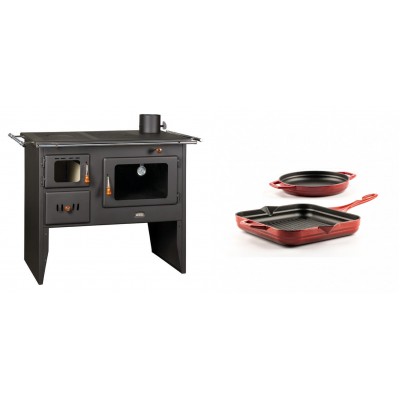 Set Küchenofen / Küchenhexe Prity mit Backofen und Kochplatte, Modell Prity 2P41, Leistung 15.2kW + Gusseisen Topf Set aus 2 teilen Solagio, Rubin - Kaminofen - Holzofen mit Backfach