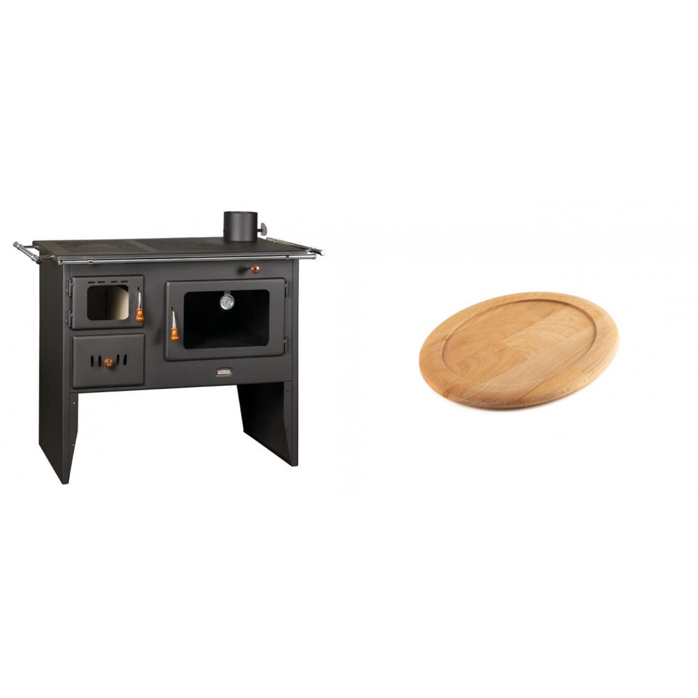 Set Küchenofen / Küchenhexe Prity mit Backofen und Kochplatte, Modell Prity 2P41, Leistung 15.2kW + Holz untersetzer für ovale gusseisenpfanne Solagio HSFT1825