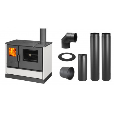 Set Küchenofen mit Backofen und Kochplatte Balkan Energy, Modell 4020 Weiß, Obere Platte aus Gusseisen, Leistung 7.9kW + Schornstein Bausatz PARKANEX, Stahl Ø130, Dicke 2mm - Balkan Energy