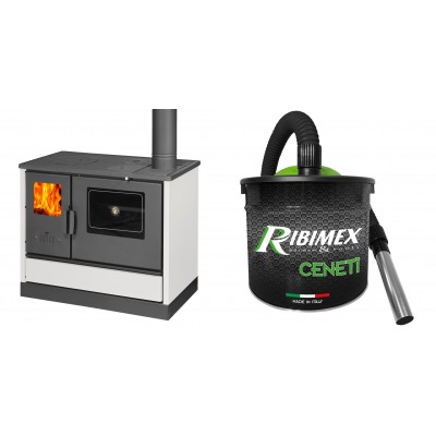 Set Küchenofen mit Backofen und Kochplatte Balkan Energy, Modell 4020 Weiß, Obere Platte aus Gusseisen, Leistung 7.9kW + Elektrischer Aschesauger Ribimex, Modell Cenetì, Fassungsvermögen 15 L - Balkan Energy