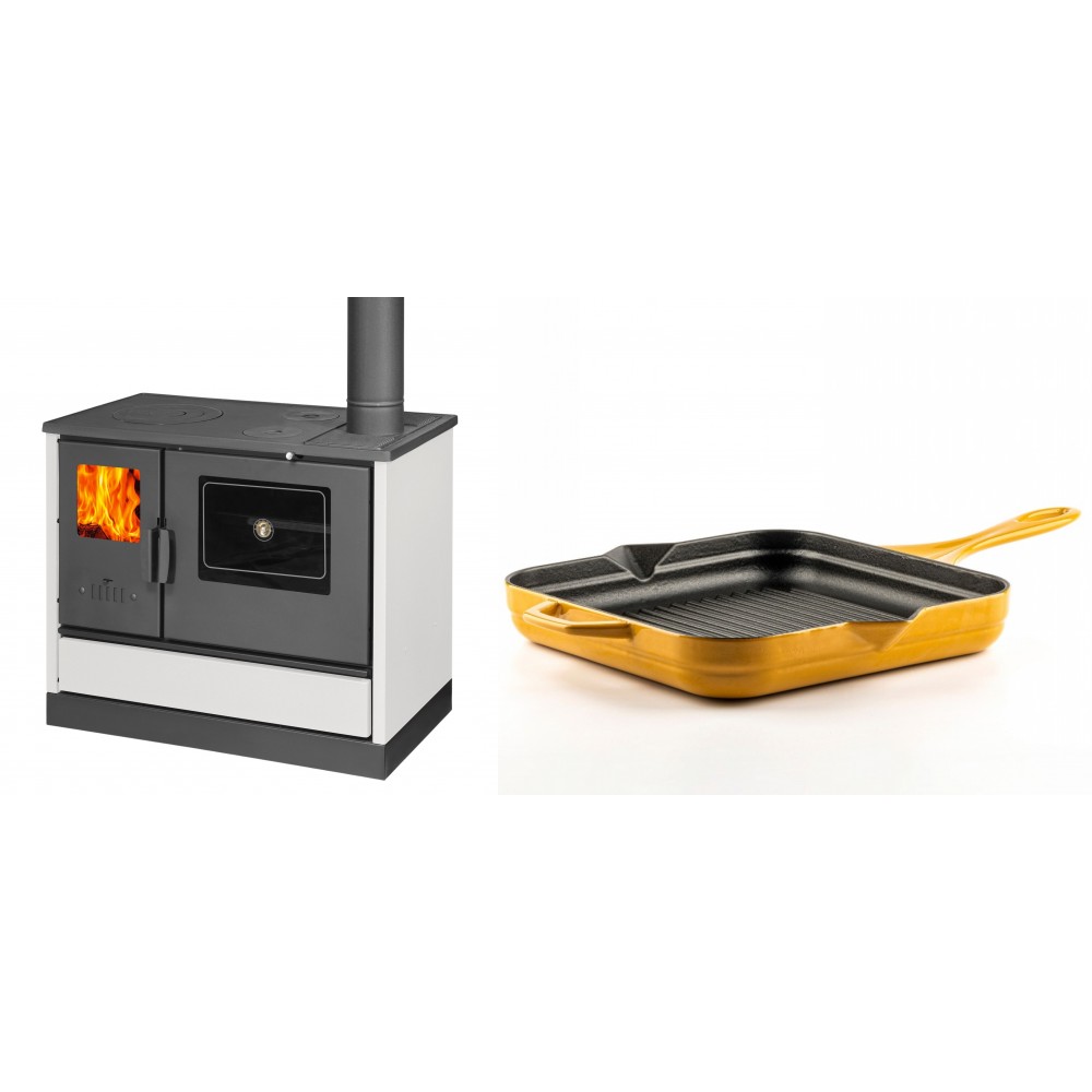 Set Küchenofen mit Backofen und Kochplatte Balkan Energy, Modell 4020 Weiß, Obere Platte aus Gusseisen, Leistung 7.9kW + Emaillierte grillpfanne Gusseisen Solagio, Dijon, 28х28cm