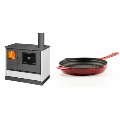 Set Küchenofen mit Backofen und Kochplatte Balkan Energy, Modell 4020 Weiß, Obere Platte aus Gusseisen, Leistung 7.9kW + Emaillierte grillpfanne Gusseisen Solagio, Rubin, Ф28cm - Balkan Energy