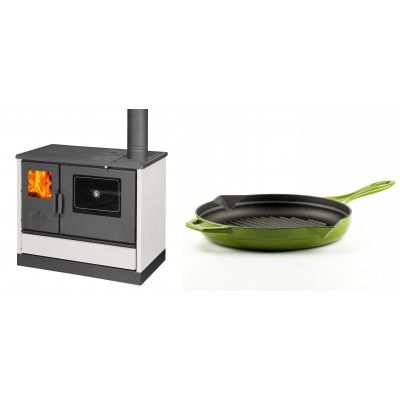 Set Küchenofen mit Backofen und Kochplatte Balkan Energy, Modell 4020 Weiß, Obere Platte aus Gusseisen, Leistung 7.9kW + Emaillierte grillpfanne Gusseisen Solagio, Bamboo, Ф28cm - Balkan Energy