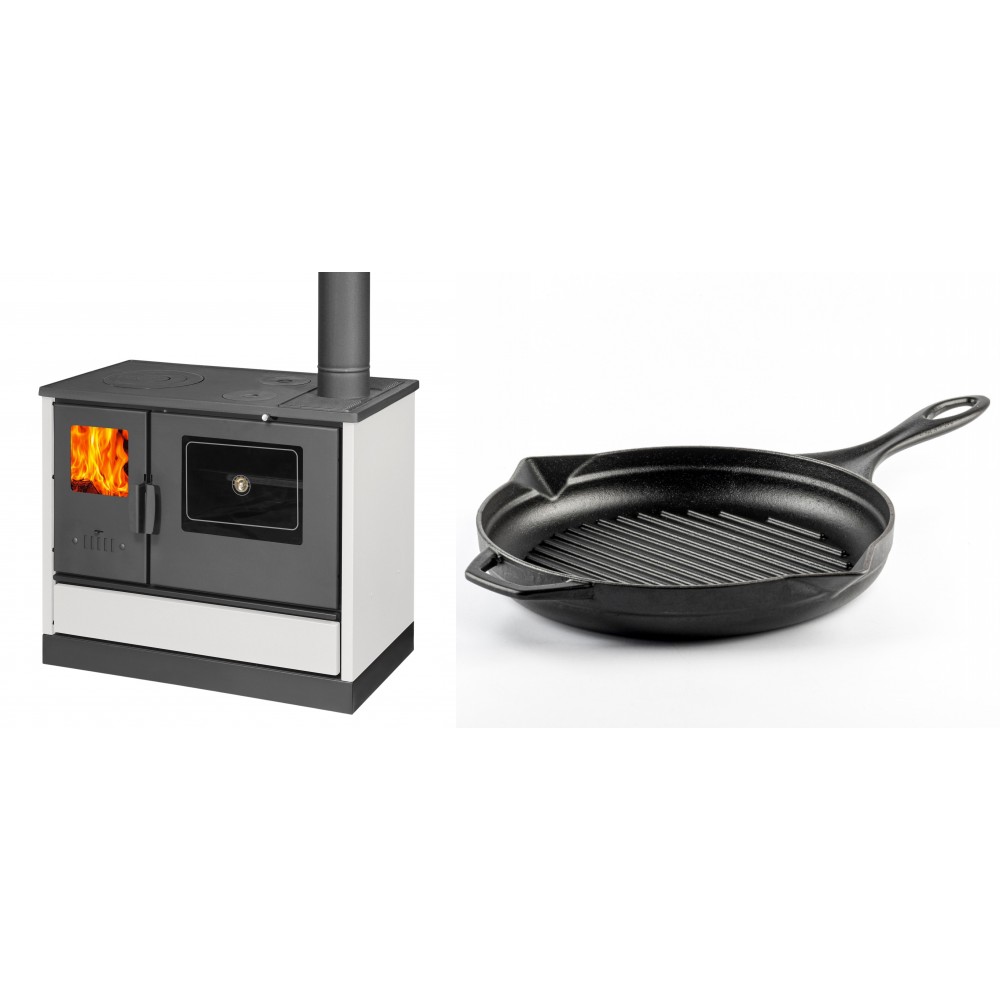 Set Küchenofen mit Backofen und Kochplatte Balkan Energy, Modell 4020 Weiß, Obere Platte aus Gusseisen, Leistung 7.9kW + Emaillierte grillpfanne Gusseisen Solagio, Black Onyx, Ф28cm