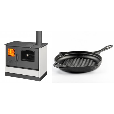Set Küchenofen mit Backofen und Kochplatte Balkan Energy, Modell 4020 Weiß, Obere Platte aus Gusseisen, Leistung 7.9kW + Emaillierte grillpfanne Gusseisen Solagio, Black Onyx, Ф28cm - Balkan Energy