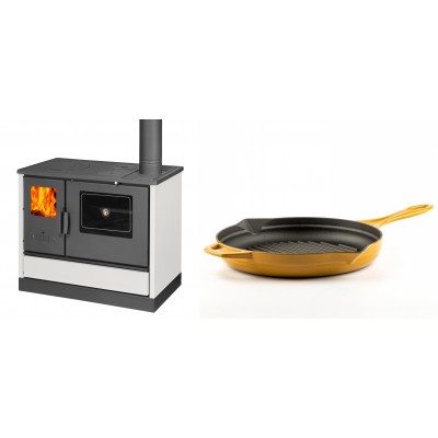 Set Küchenofen mit Backofen und Kochplatte Balkan Energy, Modell 4020 Weiß, Obere Platte aus Gusseisen, Leistung 7.9kW + Emaillierte grillpfanne Gusseisen Solagio, Dijon, Ф28cm - Balkan Energy