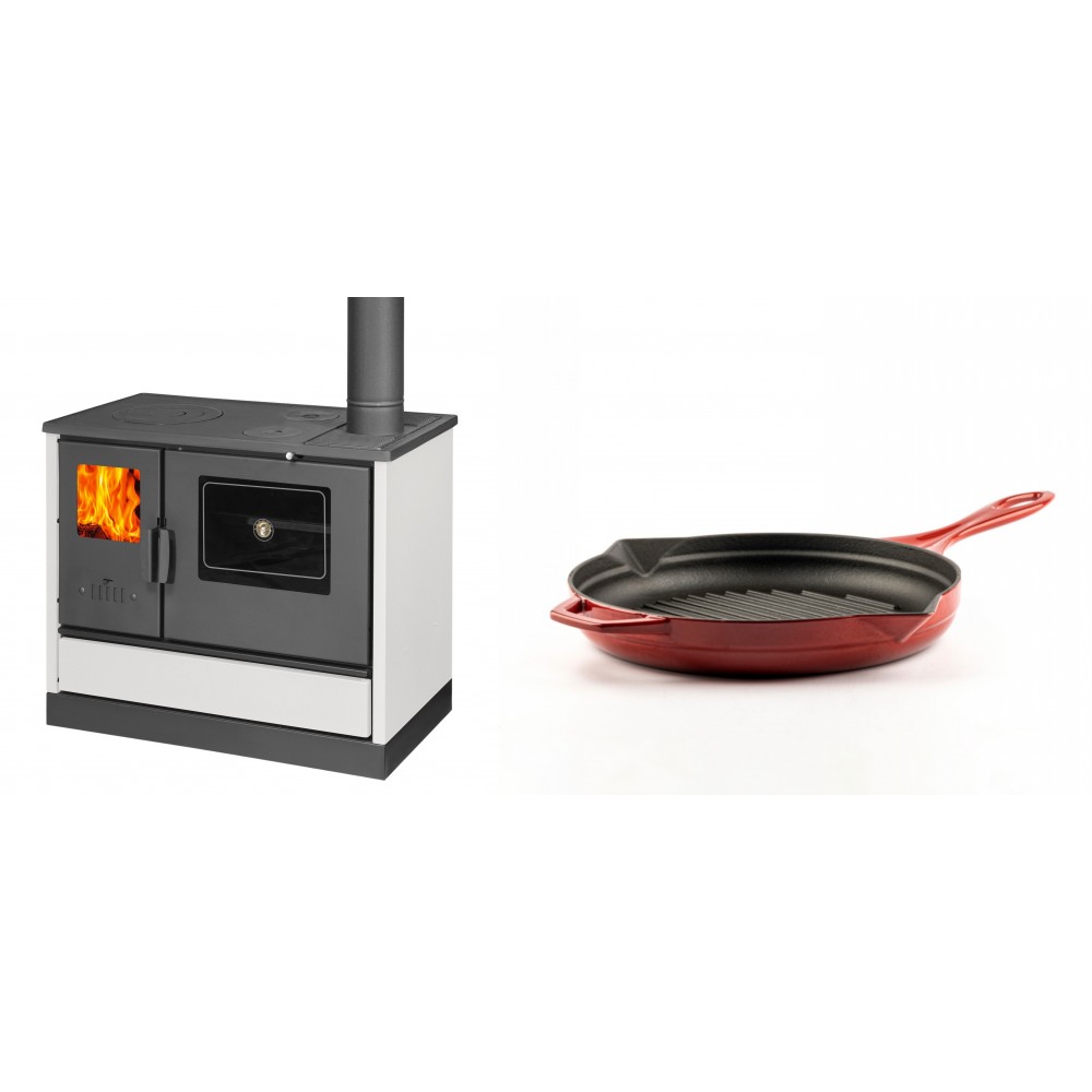 Set Küchenofen mit Backofen und Kochplatte Balkan Energy, Modell 4020 Weiß, Obere Platte aus Gusseisen, Leistung 7.9kW + Emaillierte grillpfanne Gusseisen Solagio, Rubin, Ф24cm