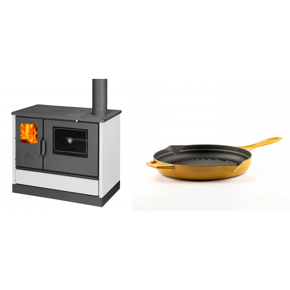 Set Küchenofen mit Backofen und Kochplatte Balkan Energy, Modell 4020 Weiß, Obere Platte aus Gusseisen, Leistung 7.9kW + Emaillierte grillpfanne Gusseisen Solagio, Dijon, Ф24cm