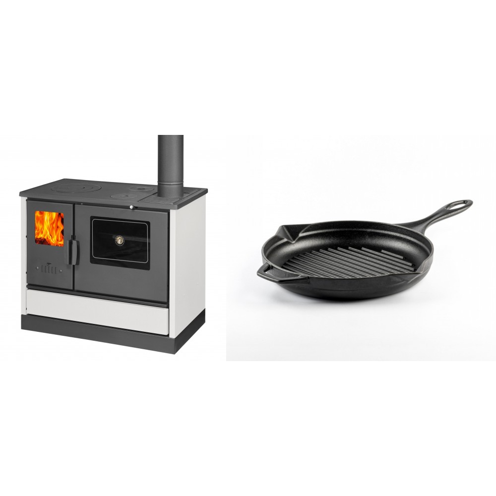 Set Küchenofen mit Backofen und Kochplatte Balkan Energy, Modell 4020 Weiß, Obere Platte aus Gusseisen, Leistung 7.9kW + Emaillierte grillpfanne Gusseisen Solagio, Black Onyx, Ф24cm