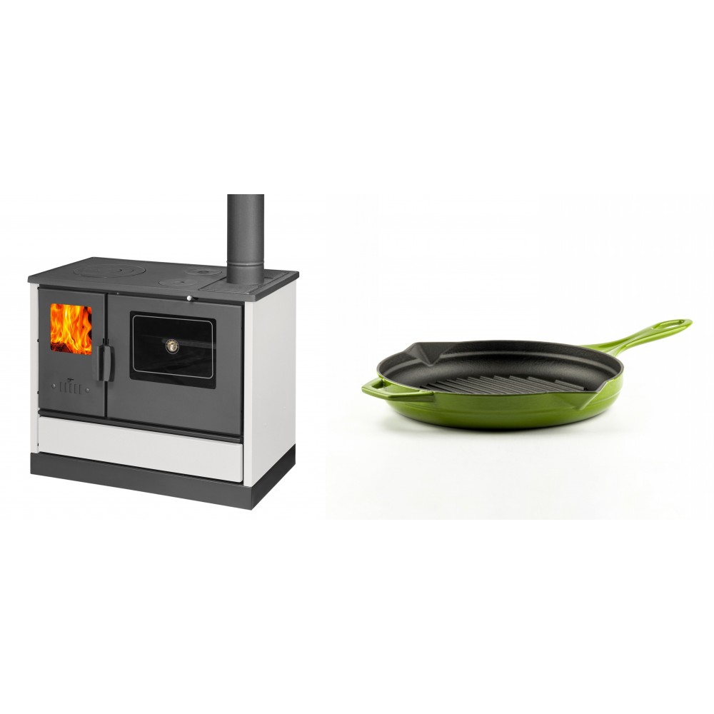 Set Küchenofen mit Backofen und Kochplatte Balkan Energy, Modell 4020 Weiß, Obere Platte aus Gusseisen, Leistung 7.9kW + Emaillierte grillpfanne Gusseisen Solagio, Bamboo, Ф24cm | Kaminofen - Holzofen mit Backfach | Kaminofen |