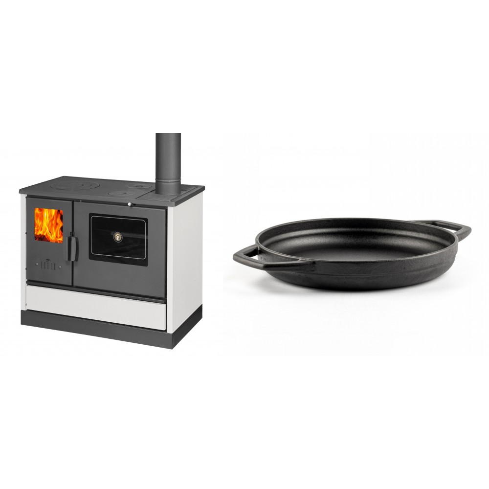 Set Küchenofen mit Backofen und Kochplatte Balkan Energy, Modell 4020 Weiß, Obere Platte aus Gusseisen, Leistung 7.9kW + Emaillierte gusseisenpfanne mit zwei Griffen Solagio, Black Onyx, Ф22cm | Kaminofen - Holzofen mit Backfach | Kaminofen |