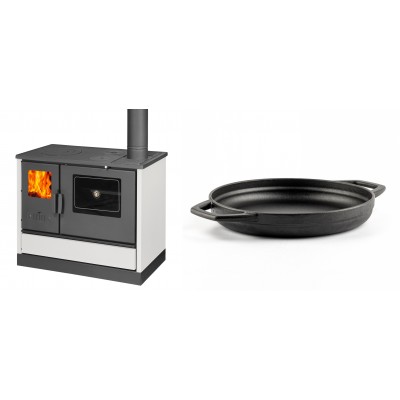 Set Küchenofen mit Backofen und Kochplatte Balkan Energy, Modell 4020 Weiß, Obere Platte aus Gusseisen, Leistung 7.9kW + Emaillierte gusseisenpfanne mit zwei Griffen Solagio, Black Onyx, Ф22cm - Balkan Energy