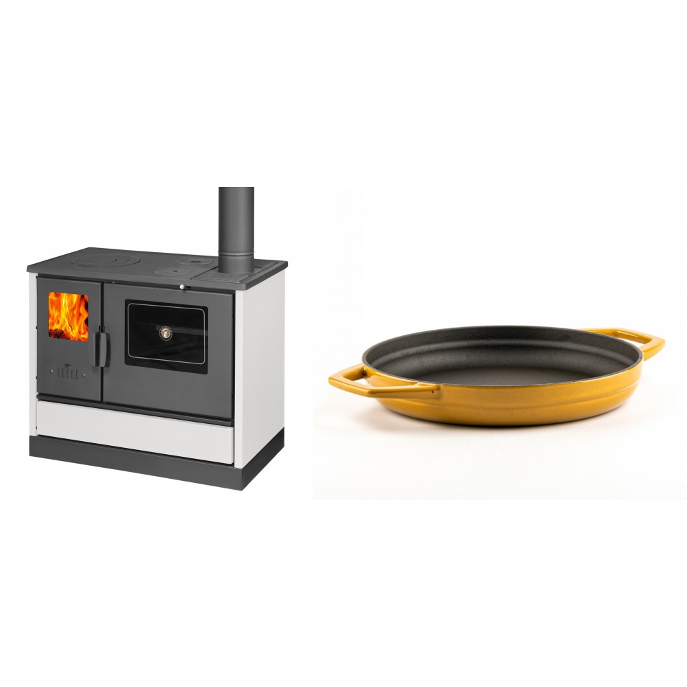 Set Küchenofen mit Backofen und Kochplatte Balkan Energy, Modell 4020 Weiß, Obere Platte aus Gusseisen, Leistung 7.9kW + Emaillierte gusseisenpfanne mit zwei Griffen Solagio, Dijon, Ф22cm