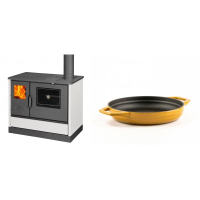 Set Küchenofen mit Backofen und Kochplatte Balkan Energy, Modell 4020 Weiß, Obere Platte aus Gusseisen, Leistung 7.9kW + Emaillierte gusseisenpfanne mit zwei Griffen Solagio, Dijon, Ф19cm - Balkan Energy