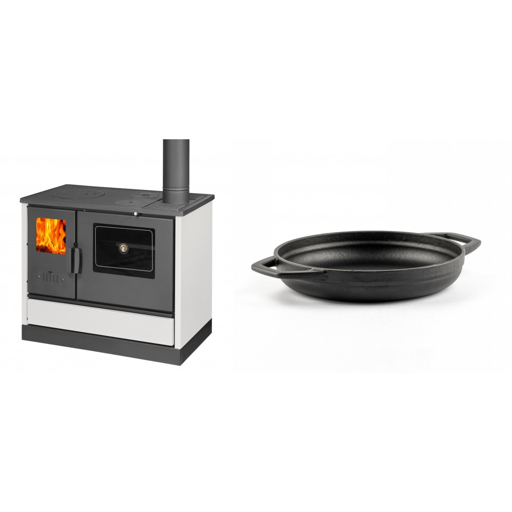 Set Küchenofen mit Backofen und Kochplatte Balkan Energy, Modell 4020 Weiß, Obere Platte aus Gusseisen, Leistung 7.9kW + Emaillierte gusseisenpfanne mit zwei Griffen Solagio, Black Onyx, Ф19cm