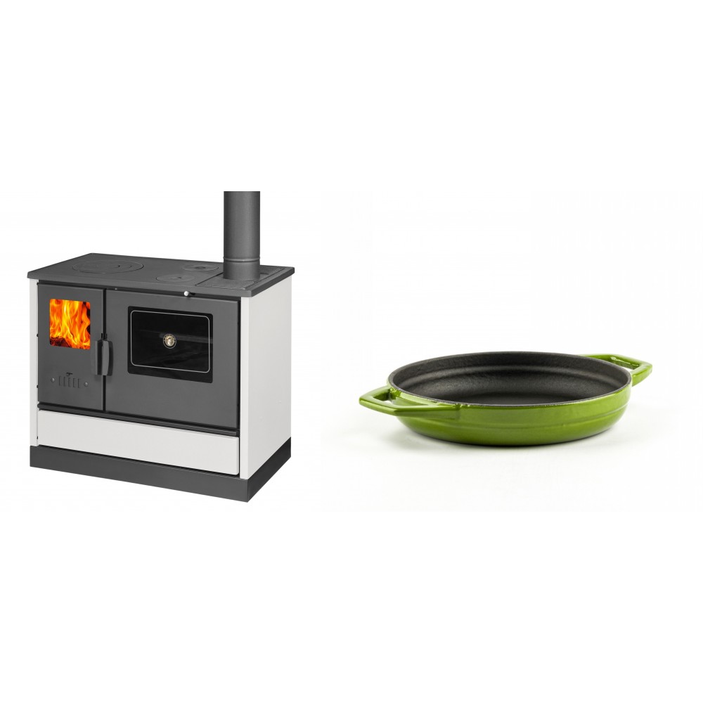 Set Küchenofen mit Backofen und Kochplatte Balkan Energy, Modell 4020 Weiß, Obere Platte aus Gusseisen, Leistung 7.9kW + Emaillierte gusseisenpfanne mit zwei Griffen Solagio, Bamboo, Ф16cm