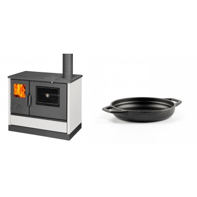 Set Küchenofen mit Backofen und Kochplatte Balkan Energy, Modell 4020 Weiß, Obere Platte aus Gusseisen, Leistung 7.9kW + Emaillierte gusseisenpfanne mit zwei Griffen Solagio, Black Onyx, Ф16cm - Balkan Energy