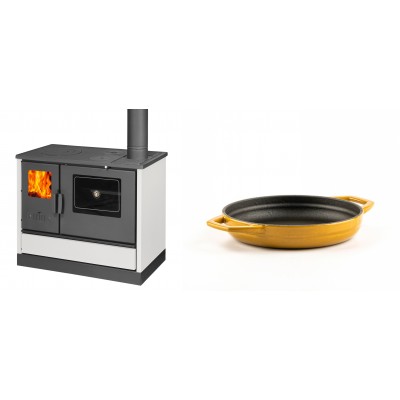 Set Küchenofen mit Backofen und Kochplatte Balkan Energy, Modell 4020 Weiß, Obere Platte aus Gusseisen, Leistung 7.9kW + Emaillierte gusseisenpfanne mit zwei Griffen Solagio, Dijon, Ф16cm - Balkan Energy