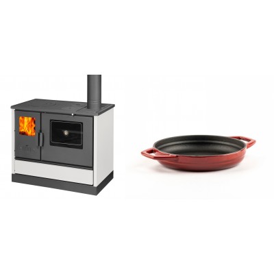 Set Küchenofen mit Backofen und Kochplatte Balkan Energy, Modell 4020 Weiß, Obere Platte aus Gusseisen, Leistung 7.9kW + Emaillierte gusseisenpfanne mit zwei Griffen Solagio, Rubin, Ф16cm - Balkan Energy