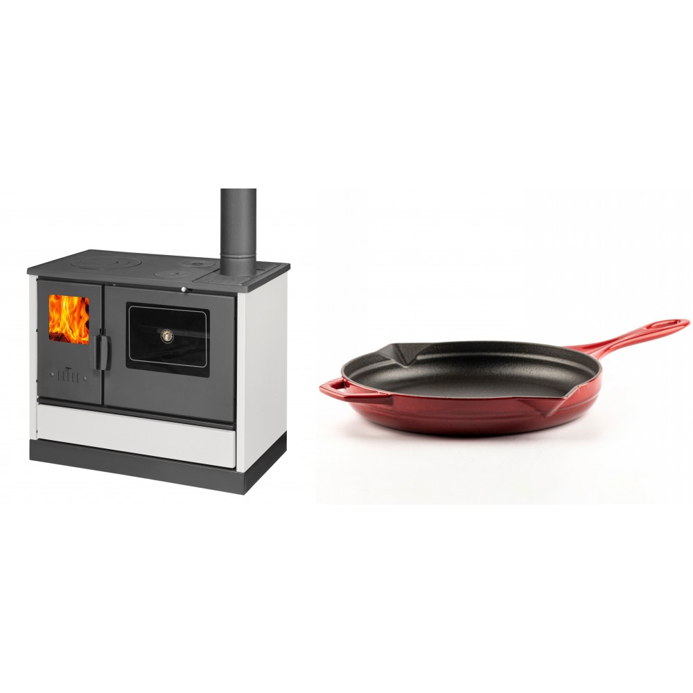 Set Küchenofen mit Backofen und Kochplatte Balkan Energy, Modell 4020 Weiß, Obere Platte aus Gusseisen, Leistung 7.9kW + Emaillierte Gusseisenpfanne Solagio, Rubin, Ф28cm