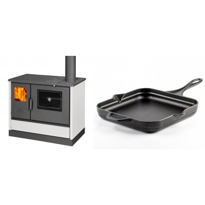 Set Küchenofen mit Backofen und Kochplatte Balkan Energy, Modell 4020 Weiß, Obere Platte aus Gusseisen, Leistung 7.9kW + Emaillierte Gusseisenpfanne Solagio, Black Onyx, 28x28cm - Balkan Energy