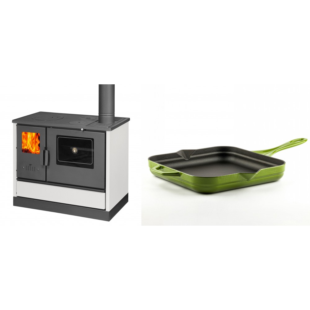 Set Küchenofen mit Backofen und Kochplatte Balkan Energy, Modell 4020 Weiß, Obere Platte aus Gusseisen, Leistung 7.9kW + Emaillierte Gusseisenpfanne Solagio, Bamboo, 28x28cm | Kaminofen - Holzofen mit Backfach | Kaminofen |