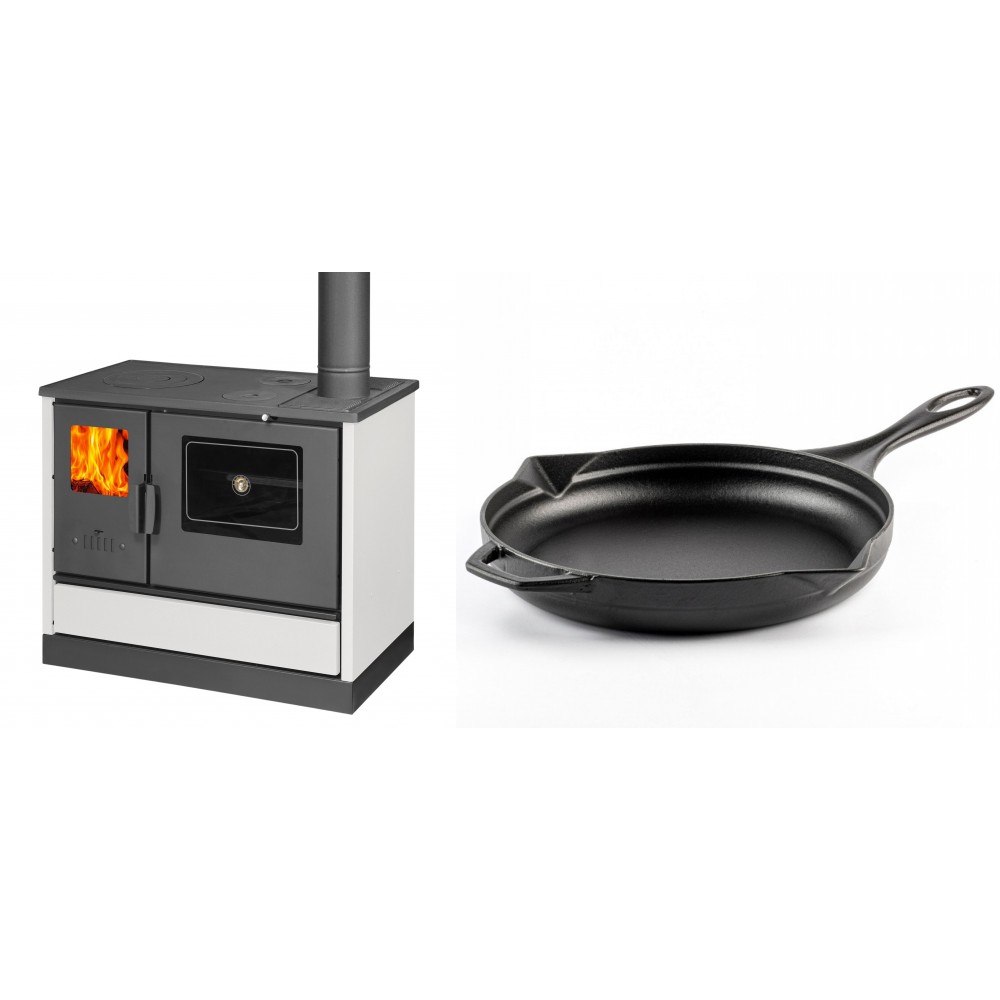 Set Küchenofen mit Backofen und Kochplatte Balkan Energy, Modell 4020 Weiß, Obere Platte aus Gusseisen, Leistung 7.9kW + Emaillierte Gusseisenpfanne Solagio, Black Onyx, Ф28cm | Kaminofen - Holzofen mit Backfach | Kaminofen |