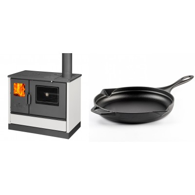 Set Küchenofen mit Backofen und Kochplatte Balkan Energy, Modell 4020 Weiß, Obere Platte aus Gusseisen, Leistung 7.9kW + Emaillierte Gusseisenpfanne Solagio, Black Onyx, Ф28cm - Balkan Energy