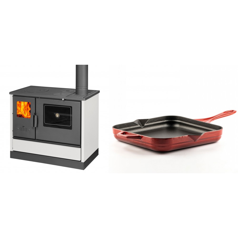 Set Küchenofen mit Backofen und Kochplatte Balkan Energy, Modell 4020 Weiß, Obere Platte aus Gusseisen, Leistung 7.9kW + Emaillierte Gusseisenpfanne Solagio, Rubin, 28x28cm