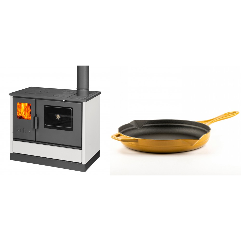 Set Küchenofen mit Backofen und Kochplatte Balkan Energy, Modell 4020 Weiß, Obere Platte aus Gusseisen, Leistung 7.9kW + Emaillierte Gusseisenpfanne Solagio, Dijon, Ф28cm