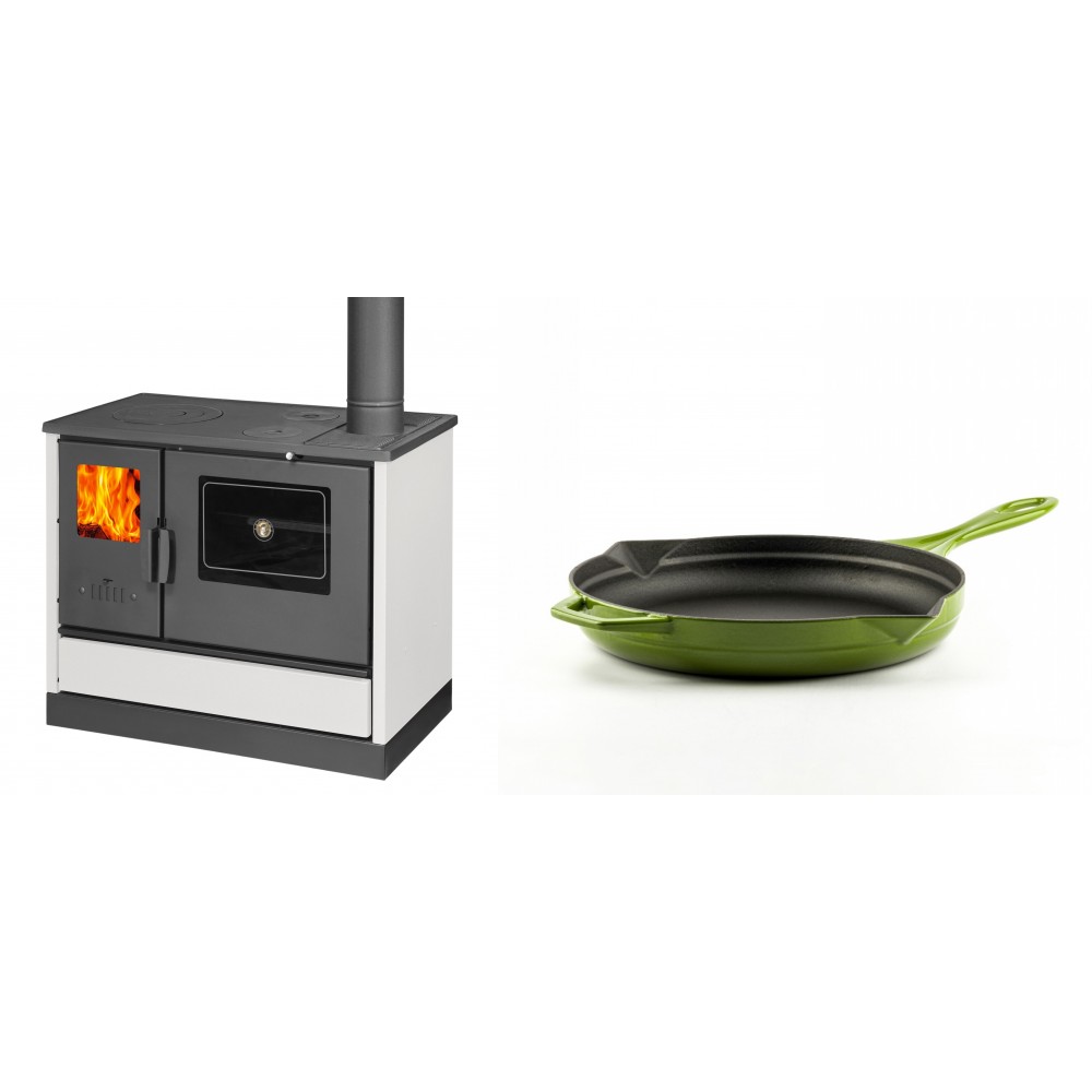 Set Küchenofen mit Backofen und Kochplatte Balkan Energy, Modell 4020 Weiß, Obere Platte aus Gusseisen, Leistung 7.9kW + Emaillierte Gusseisenpfanne Solagio, Bamboo, Ф24cm | Kaminofen - Holzofen mit Backfach | Kaminofen |