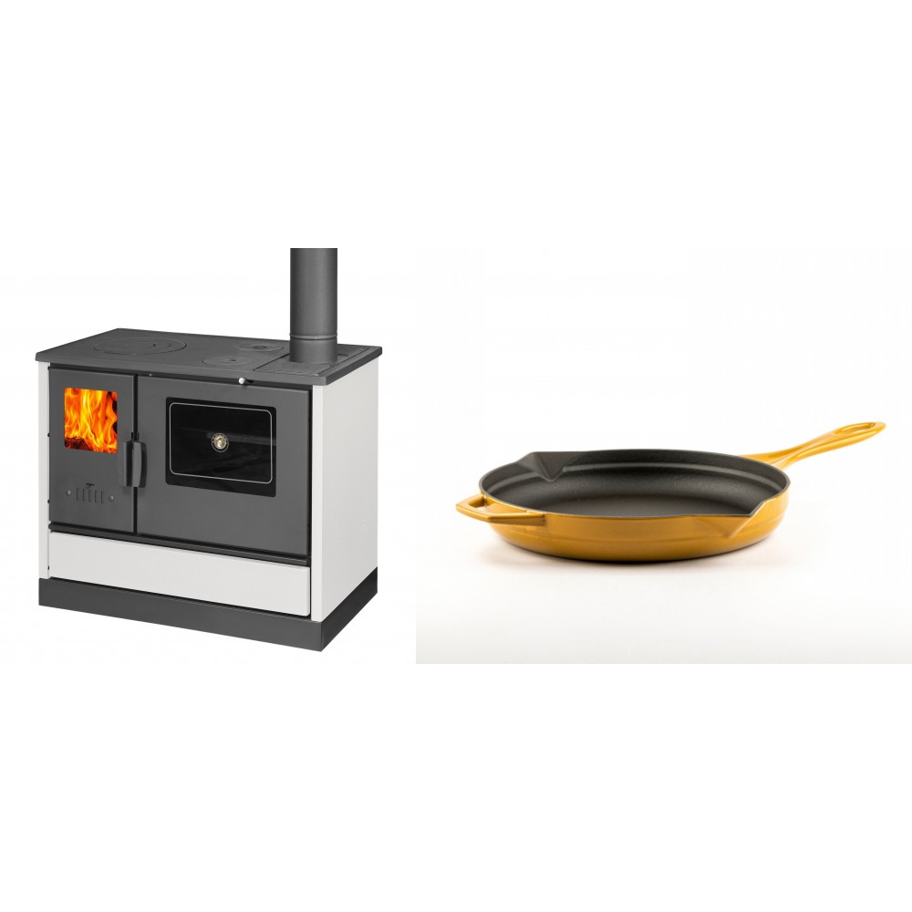 Set Küchenofen mit Backofen und Kochplatte Balkan Energy, Modell 4020 Weiß, Obere Platte aus Gusseisen, Leistung 7.9kW + Emaillierte Gusseisenpfanne Solagio, Dijon, Ф24cm