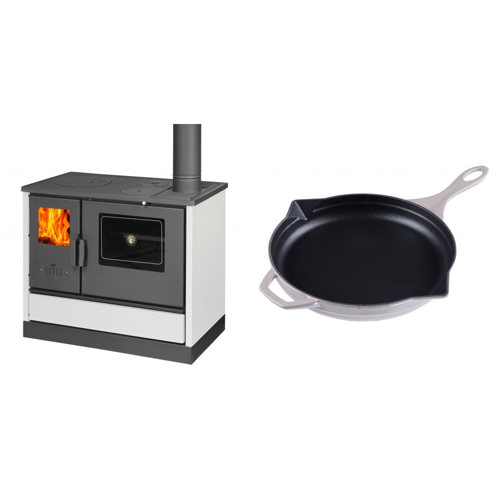 Set Küchenofen mit Backofen und Kochplatte Balkan Energy, Modell 4020 Weiß, Obere Platte aus Gusseisen, Leistung 7.9kW + Emaillierte Gusseisenpfanne Solagio, Ivory, Ф28cm