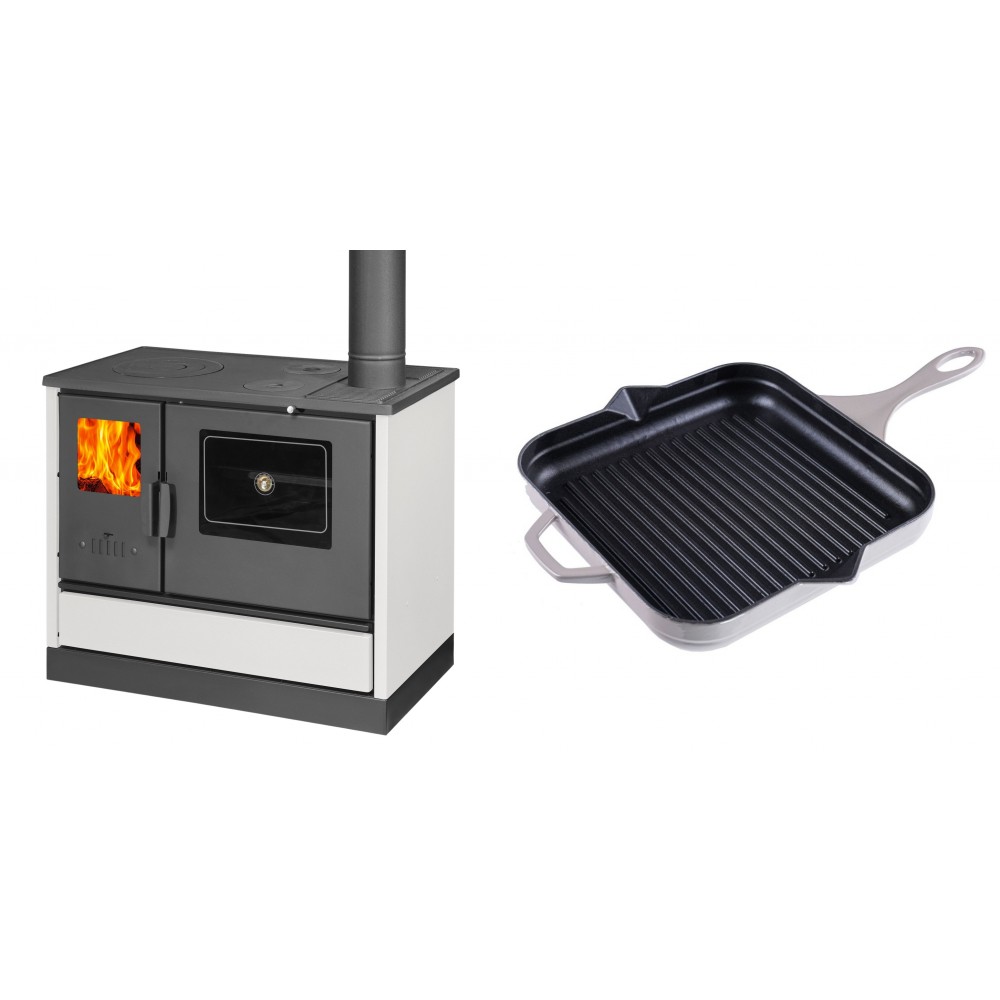 Set Küchenofen mit Backofen und Kochplatte Balkan Energy, Modell 4020 Weiß, Obere Platte aus Gusseisen, Leistung 7.9kW + Emaillierte grillpfanne Gusseisen Solagio, Ivory, 28x28cm