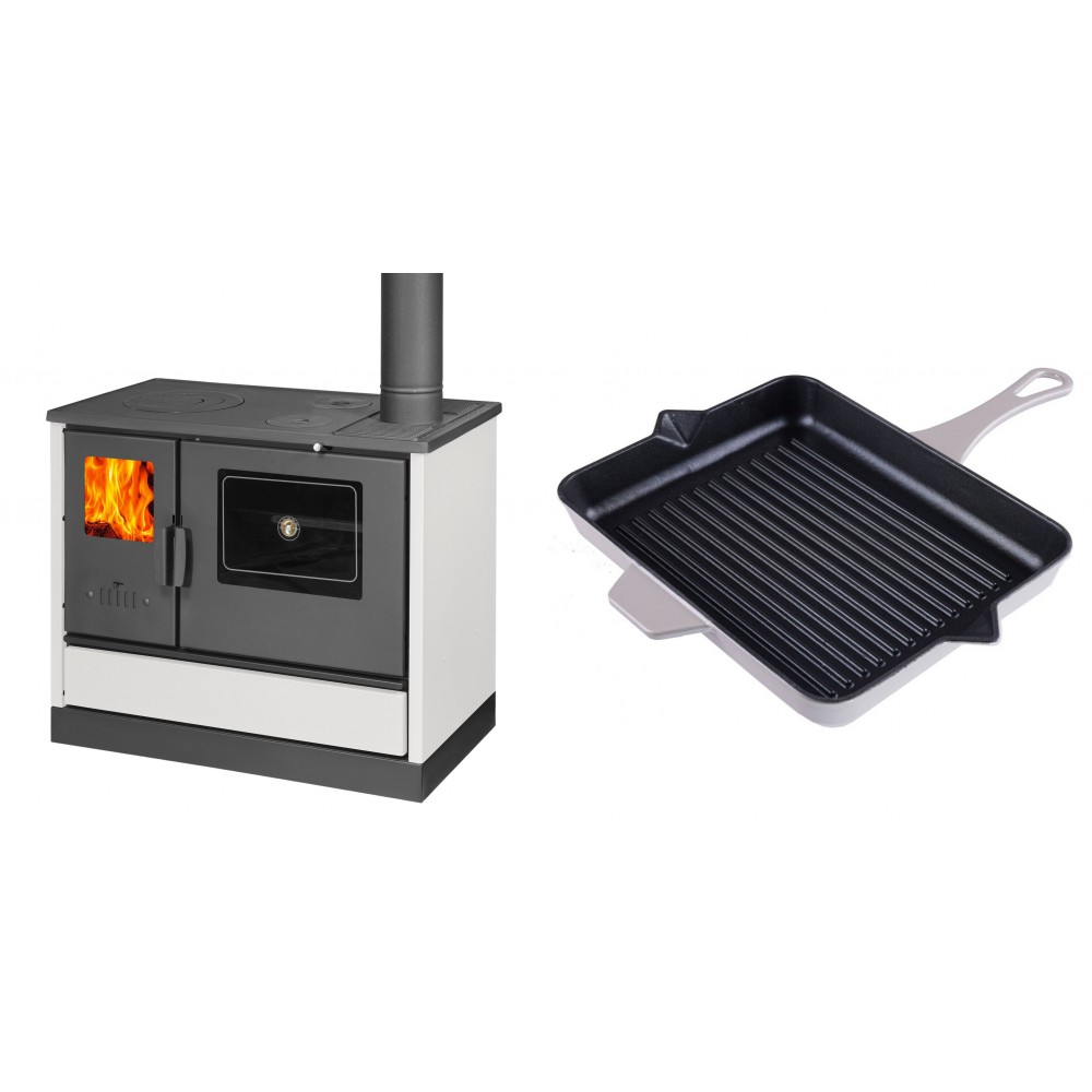 Set Küchenofen mit Backofen und Kochplatte Balkan Energy, Modell 4020 Weiß, Obere Platte aus Gusseisen, Leistung 7.9kW + Emaillierte grillpfanne Gusseisen Solagio, Ivory, 26x32cm