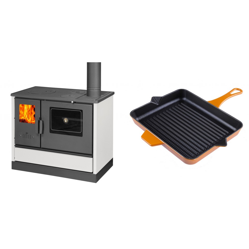 Set Küchenofen mit Backofen und Kochplatte Balkan Energy, Modell 4020 Weiß, Obere Platte aus Gusseisen, Leistung 7.9kW + Emaillierte grillpfanne Gusseisen Solagio, Dijon, 26x32cm | Kaminofen - Holzofen mit Backfach | Kaminofen |