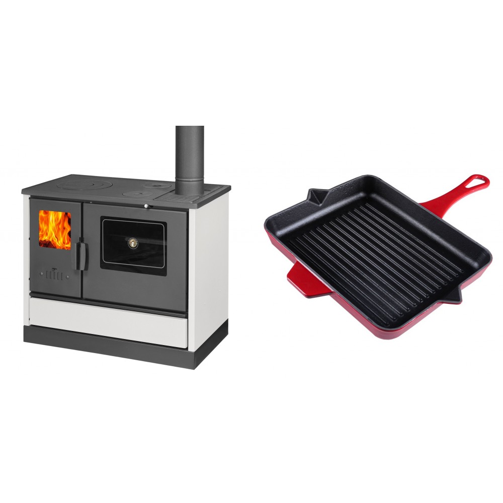 Set Küchenofen mit Backofen und Kochplatte Balkan Energy, Modell 4020 Weiß, Obere Platte aus Gusseisen, Leistung 7.9kW + Emaillierte grillpfanne Gusseisen Solagio, Rubin, 26x32cm | Kaminofen - Holzofen mit Backfach | Kaminofen |