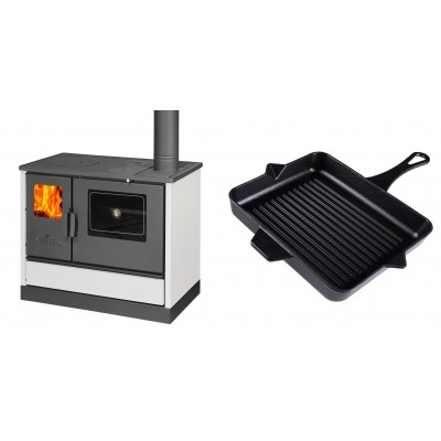 Set Küchenofen mit Backofen und Kochplatte Balkan Energy, Modell 4020 Weiß, Obere Platte aus Gusseisen, Leistung 7.9kW + Emaillierte grillpfanne Gusseisen Solagio, Black Onyx, 26x32cm - Balkan Energy