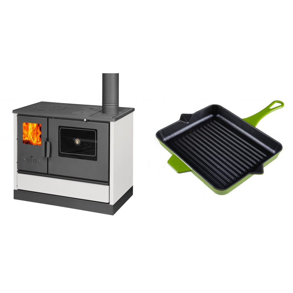 Set Küchenofen mit Backofen und Kochplatte Balkan Energy, Modell 4020 Weiß, Obere Platte aus Gusseisen, Leistung 7.9kW + Emaillierte grillpfanne Gusseisen Solagio, Bamboo, 26x32cm | Kaminofen - Holzofen mit Backfach | Kaminofen |
