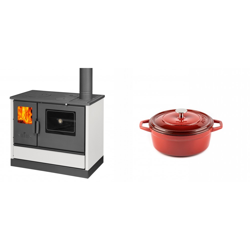 Set Küchenofen mit Backofen und Kochplatte Balkan Energy, Modell 4020 Weiß, Obere Platte aus Gusseisen, Leistung 7.9kW + Gusseisen Topf Tiefer Solagio, Rubin, Ф12