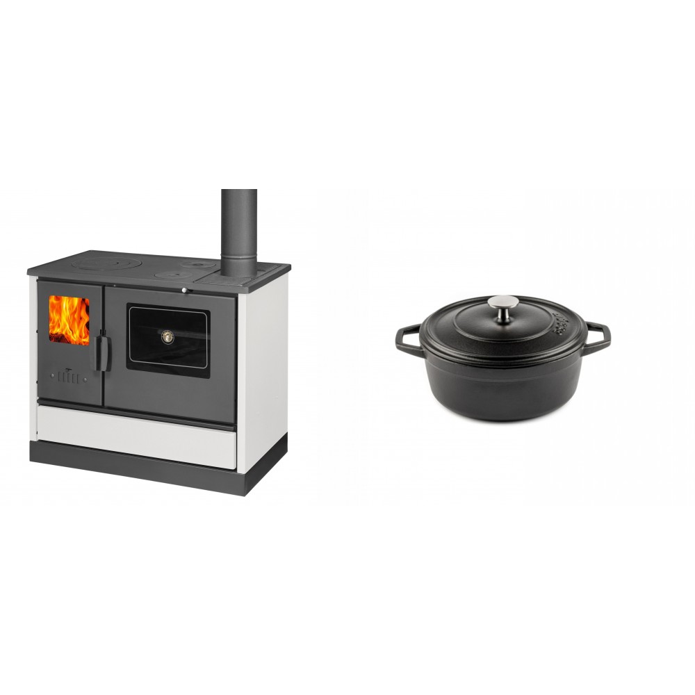 Set Küchenofen mit Backofen und Kochplatte Balkan Energy, Modell 4020 Weiß, Obere Platte aus Gusseisen, Leistung 7.9kW + Gusseisen Topf Tiefer Solagio, Black Onyx, Ф12